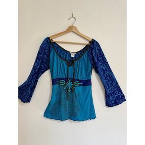 Y2K Peacock Boho MED Tee - Blue Krista Lee Vintage Abstract 3/4 Sleeve Shirt